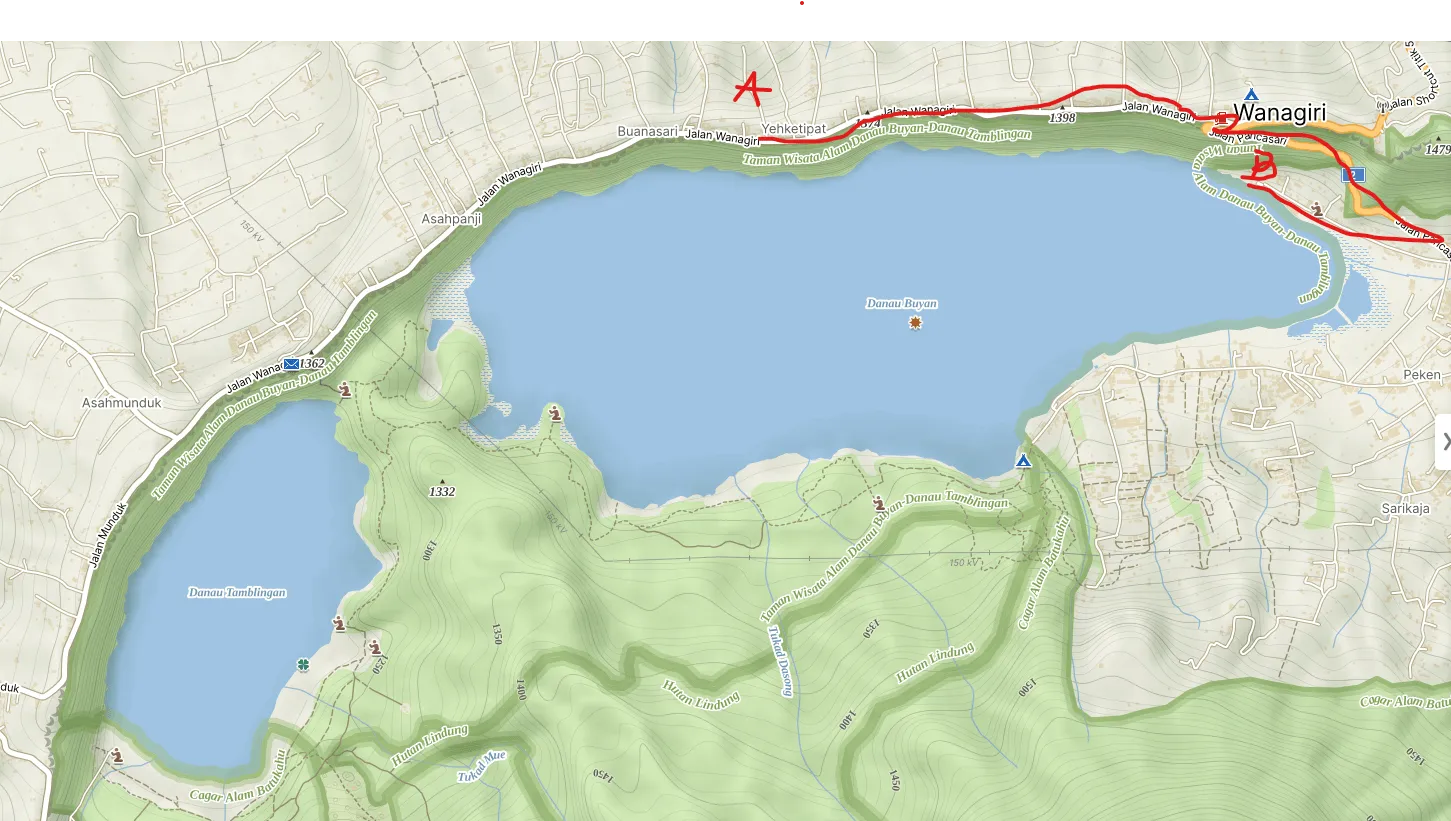 Mapa jezer Buyan a Tamblingan na severu Bali