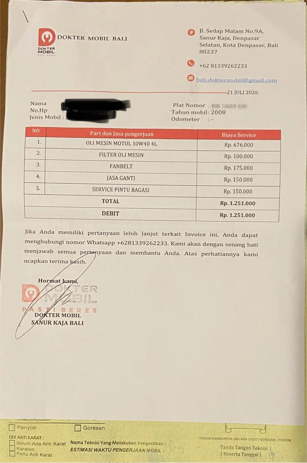 Faktura za servis auta na Bali od Dokter Mobil s rozpisem položek za olej, filtr a řemen